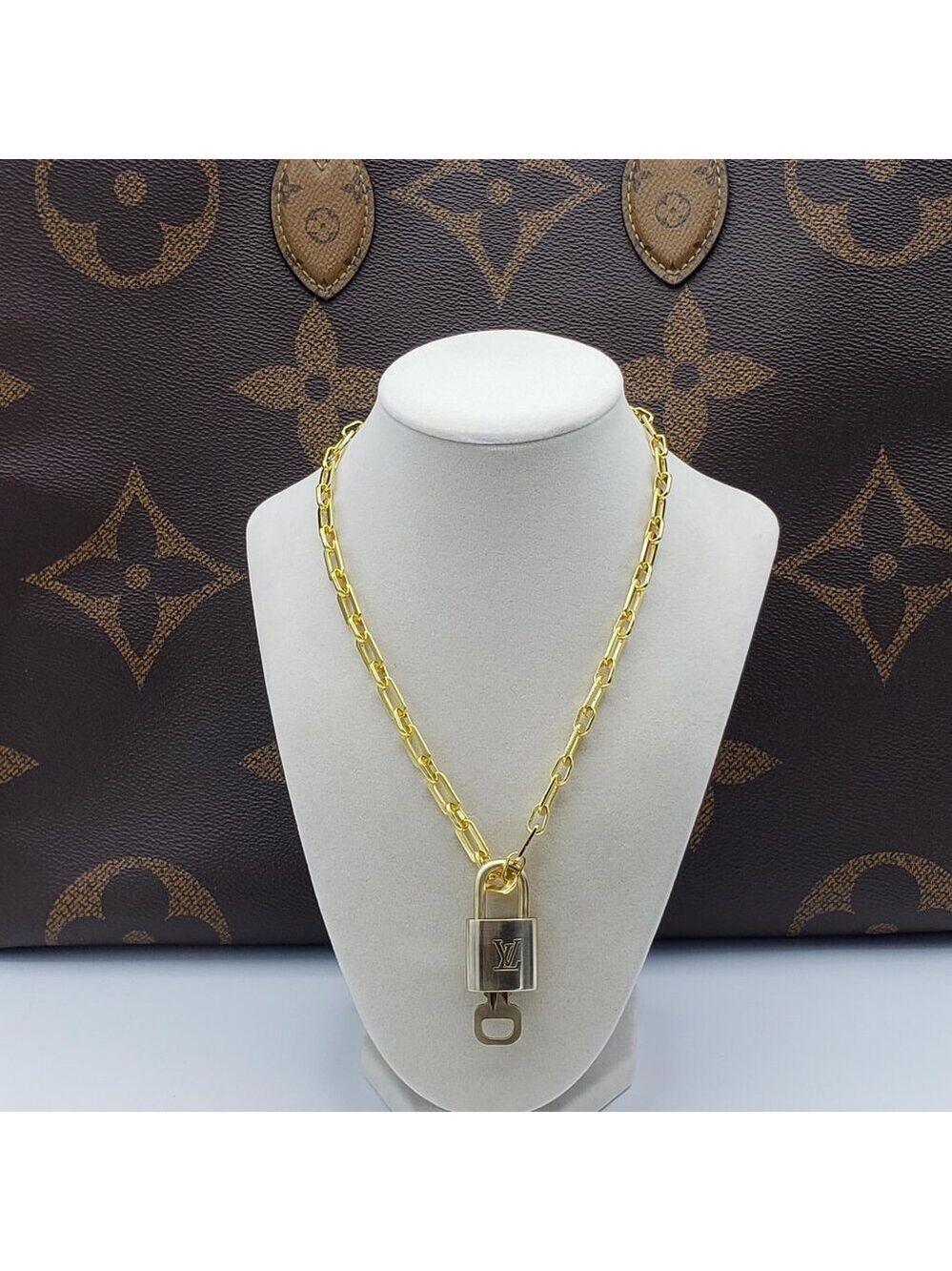 Authentic Louis Vuitton Gold Padlock w/Unbranded Stainless Steel Chain Necklace